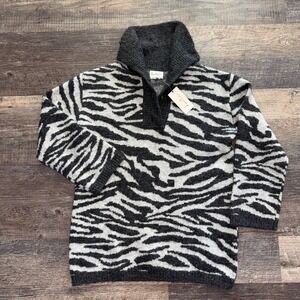 Downtime by Next Zebra Print Button Neck Sweater Grey Animal Pattern NWT